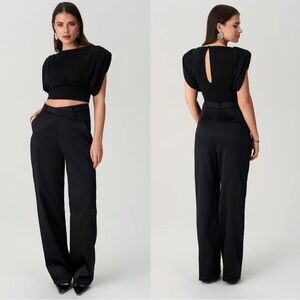 Adoore Gent Asymmetric Satin Wide Leg Pants in Black